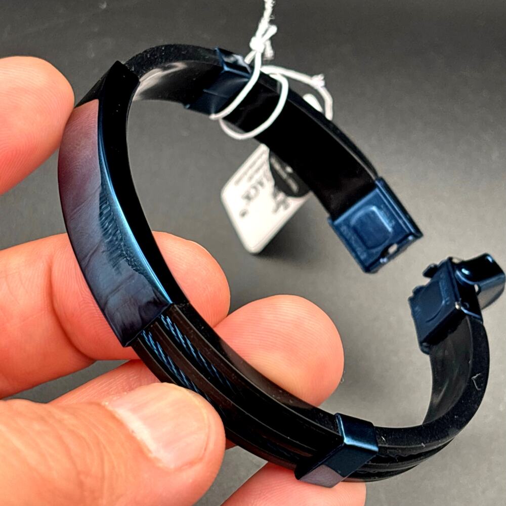 Blackjack BJB251BL Mens Blue Silicone Black Stainless Steel  Bangle ID Bracelet - Picture 10 of 17